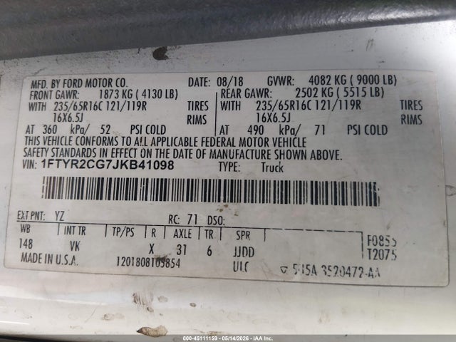 45111159 :رقم المزاد ، 1FTYR2CG7JKB41098 vin ، 2018 Ford Transit-250 مزاد بيع
