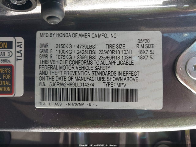 Продаж на аукціоні авто 2020 Honda Cr-v Awd Ex-l, vin: 5J6RW2H89LL014374, номер лоту: 45111173