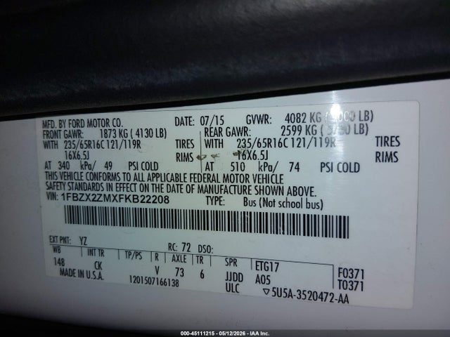 Продаж на аукціоні авто 2015 Ford Transit-350 Xlt, vin: 1FBZX2ZMXFKB22208, номер лоту: 45111215