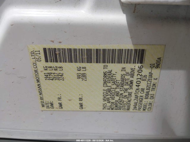 45111229 :رقم المزاد ، 1N4AL2AP7CN401206 vin ، 2012 Nissan Altima 2.5 S مزاد بيع