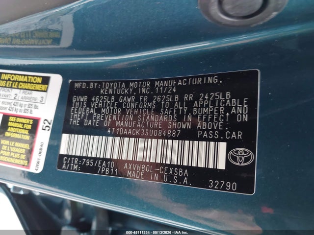 45111234 :رقم المزاد ، 4T1DAACK3SU084887 vin ، 2025 Toyota Camry Se مزاد بيع