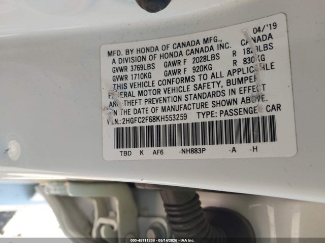 2019 Honda Civic Lx მანქანა იყიდება აუქციონზე, vin: 2HGFC2F68KH553259, აუქციონის ნომერი: 45111238