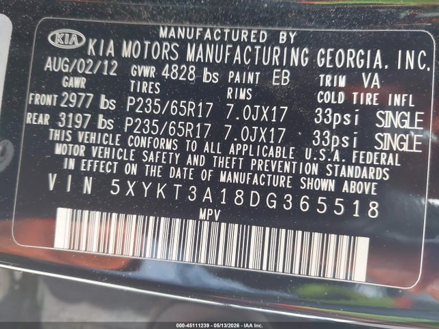 Aukcja sprzedaży 2013 Kia Sorento Lx, vin: 5XYKT3A18DG365518, numer aukcji: 45111239