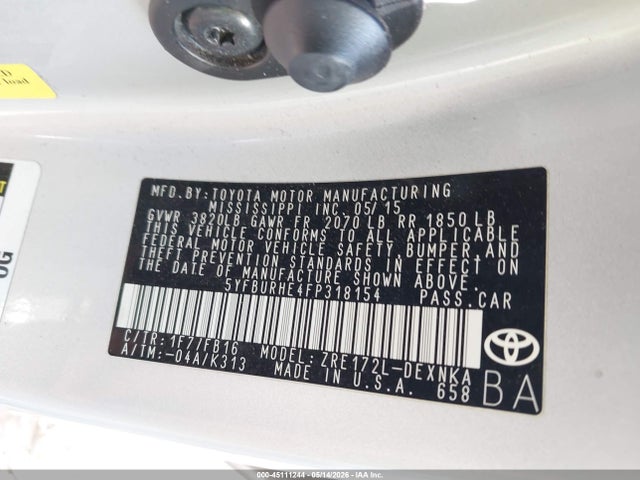 Aukcja sprzedaży 2015 Toyota Corolla Le, vin: 5YFBURHE4FP318154, numer aukcji: 45111244