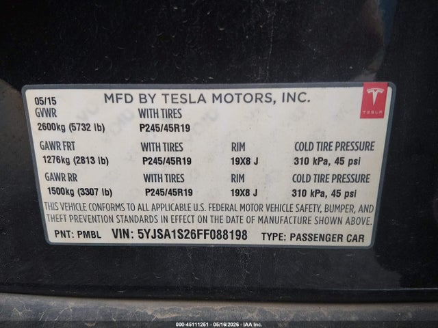 Продаж на аукціоні авто 2015 Tesla Model S 70d/85d/p85d, vin: 5YJSA1S26FF088198, номер лоту: 45111251