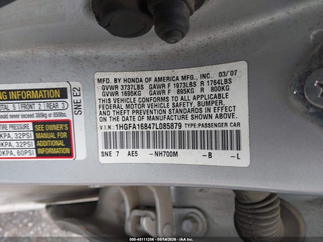 Aukcja sprzedaży 2007 Honda Civic Ex, vin: 1HGFA16847L085879, numer aukcji: 45111256