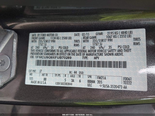 45111258 :رقم المزاد ، 1FMCU9G9XFUB70289 vin ، 2015 Ford Escape Se مزاد بيع