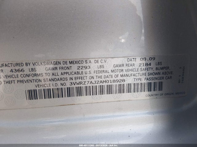 45111265 :رقم المزاد ، 3VWRZ7AJ2AM018928 vin ، 2010 Volkswagen Jetta Se مزاد بيع