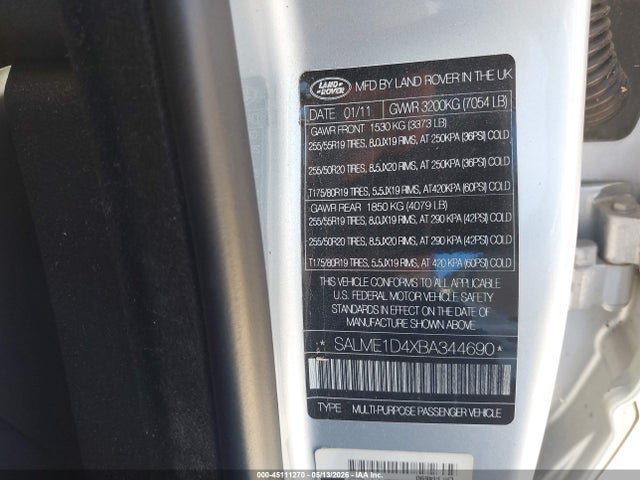 Aukcja sprzedaży 2011 Land Rover Range Rover Hse, vin: SALME1D4XBA344690, numer aukcji: 45111270