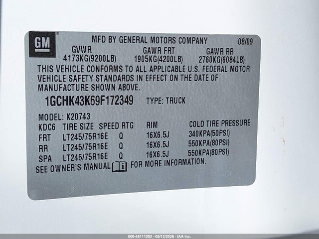 Aukcja sprzedaży 2009 Chevrolet Silverado 2500hd Work Truck, vin: 1GCHK43K69F172349, numer aukcji: 45111292
