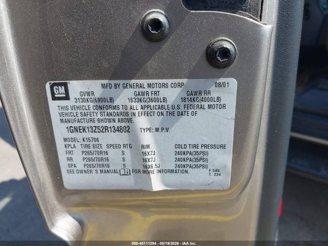 Продаж на аукціоні авто 2002 Chevrolet Tahoe Ls, vin: 1GNEK13Z52R134802, номер лоту: 45111294