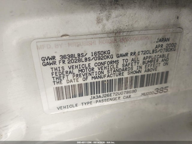 2002 Mitsubishi Lancer Es მანქანა იყიდება აუქციონზე, vin: JA3AJ26E72U078690, აუქციონის ნომერი: 45111296