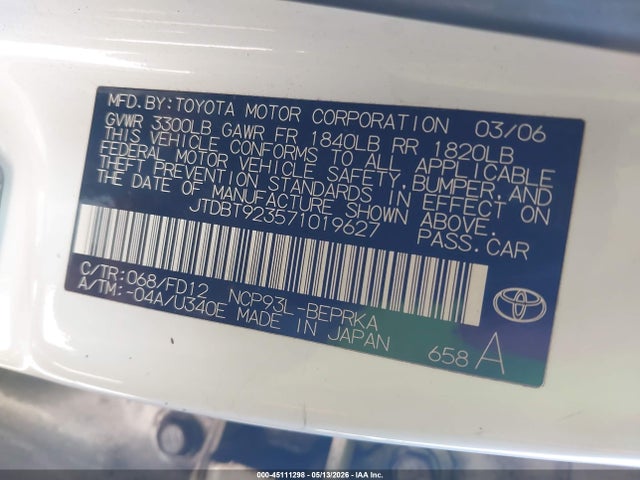 2007 Toyota Yaris S მანქანა იყიდება აუქციონზე, vin: JTDBT923571019627, აუქციონის ნომერი: 45111298