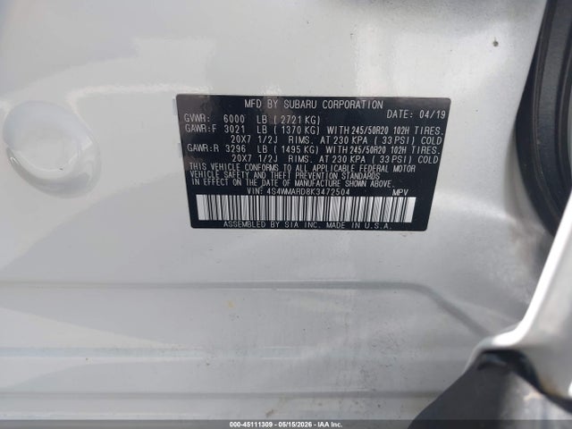 2019 Subaru Ascent Touring მანქანა იყიდება აუქციონზე, vin: 4S4WMARD8K3472504, აუქციონის ნომერი: 45111309