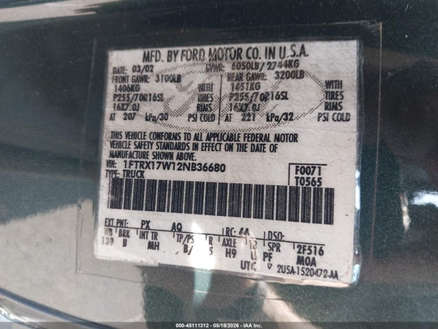 Продаж на аукціоні авто 2002 Ford F150, vin: 1FTRX17W12NB36680, номер лоту: 45111312