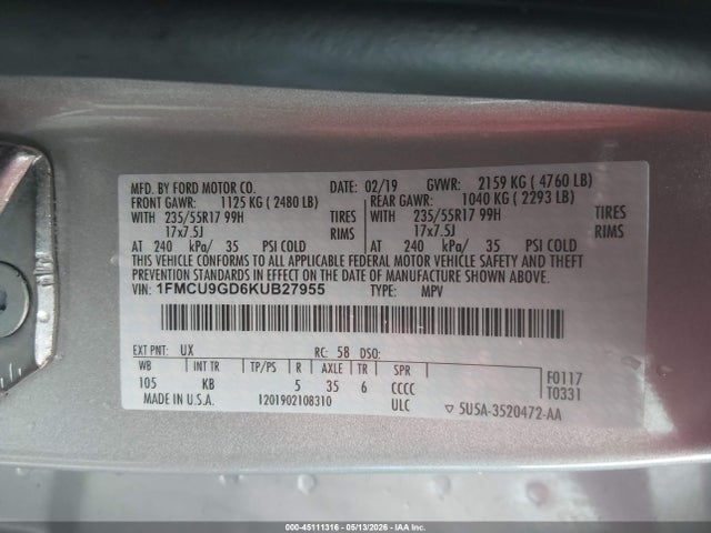 1FMCU9GD6KUB27955 Ford ESCAPE SE