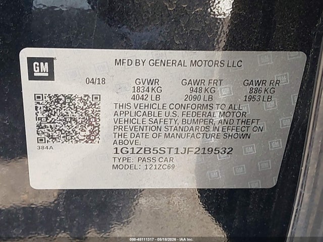 Aukcja sprzedaży 2018 Chevrolet Malibu 1ls, vin: 1G1ZB5ST1JF219532, numer aukcji: 45111317