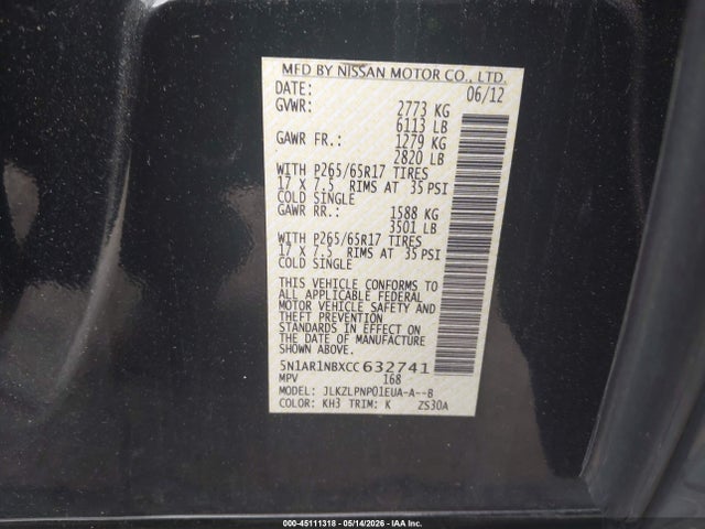 2012 Nissan Pathfinder Silver მანქანა იყიდება აუქციონზე, vin: 5N1AR1NBXCC632741, აუქციონის ნომერი: 45111318