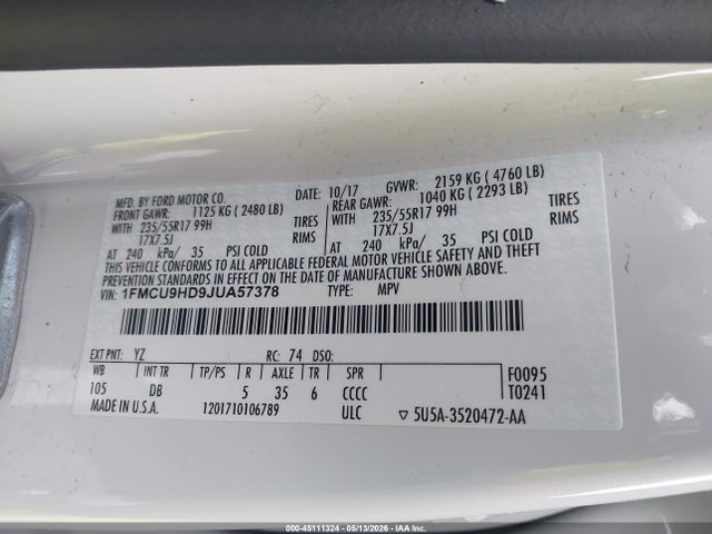 1FMCU9HD9JUA57378 Ford ESCAPE SEL