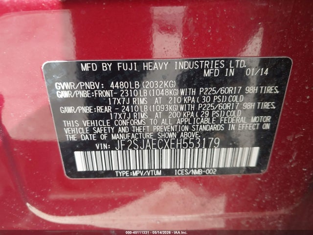 Продажа на аукционе авто 2014 Subaru Forester 2.5i Premium, vin: JF2SJAECXEH553179, номер лота: 45111331