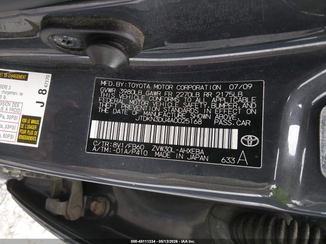 45111334 :رقم المزاد ، JTDKN3DU4A0025168 vin ، 2010 Toyota Prius Iii مزاد بيع