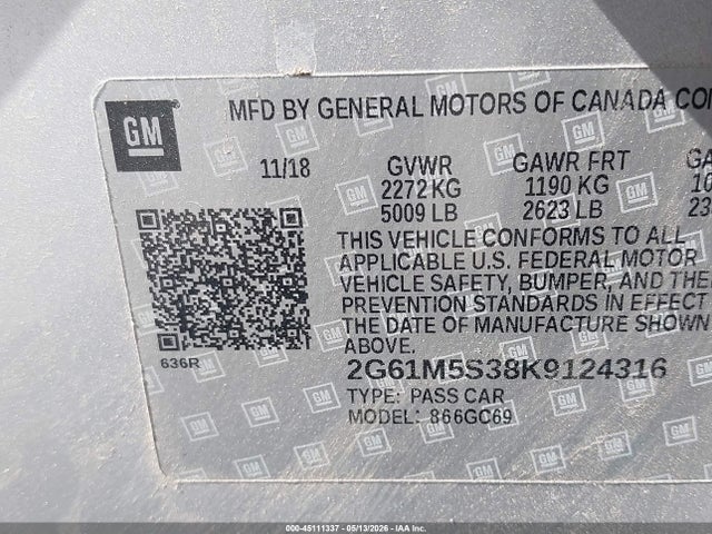 Aukcja sprzedaży 2019 Cadillac Xts Luxury, vin: 2G61M5S38K9124316, numer aukcji: 45111337