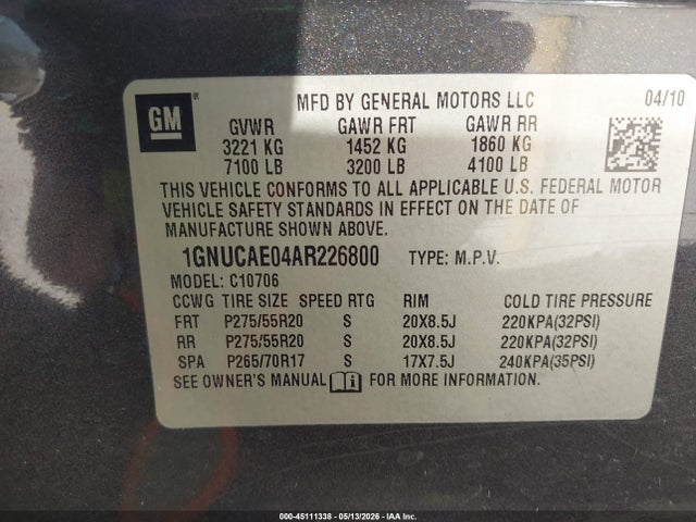 Продаж на аукціоні авто 2010 Chevrolet Tahoe Ls, vin: 1GNUCAE04AR226800, номер лоту: 45111338