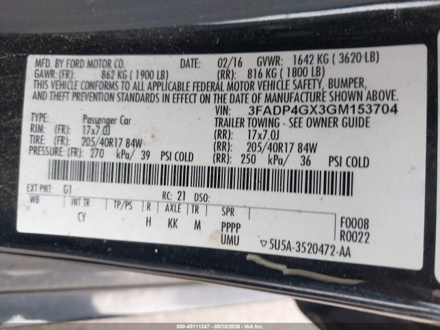 2016 Ford Fiesta St მანქანა იყიდება აუქციონზე, vin: 3FADP4GX3GM153704, აუქციონის ნომერი: 45111347