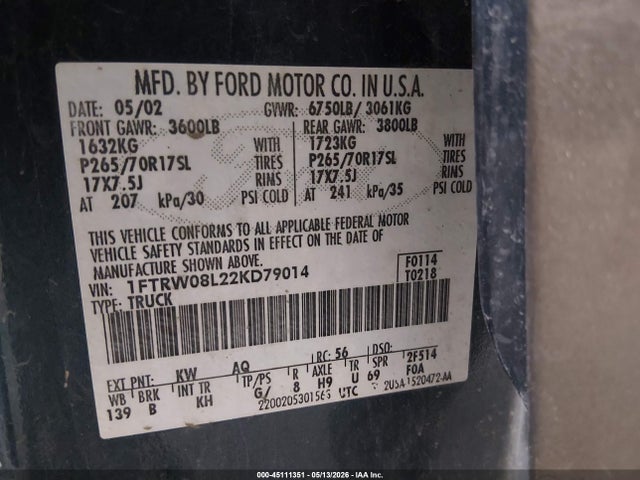 45111351 :رقم المزاد ، 1FTRW08L22KD79014 vin ، 2002 Ford F-150 Lariat/xlt مزاد بيع