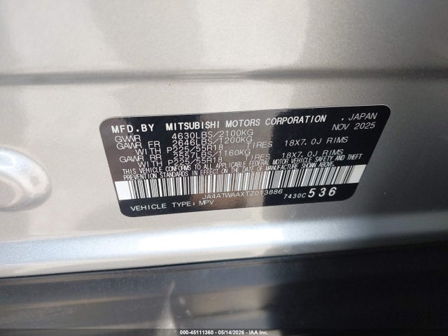 Продаж на аукціоні авто 2026 Mitsubishi Eclipse Cross Black Edition S-awc/se S-awc/sel S-awc, vin: JA4ATWAAXTZ013886, номер лоту: 45111360