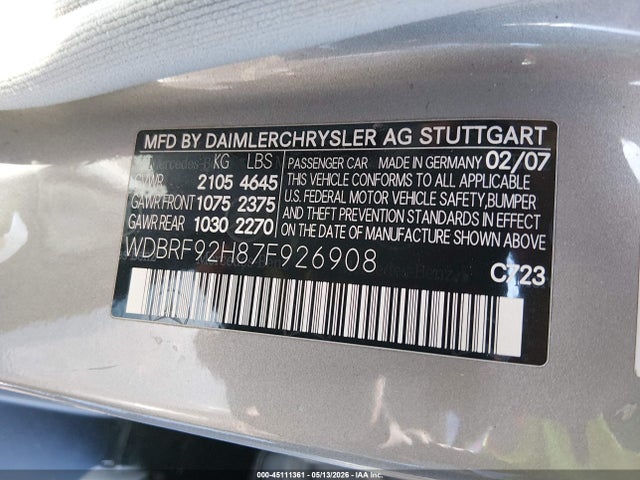 Aukcja sprzedaży 2007 Mercedes-benz C 280 Luxury 4matic, vin: WDBRF92H87F926908, numer aukcji: 45111361