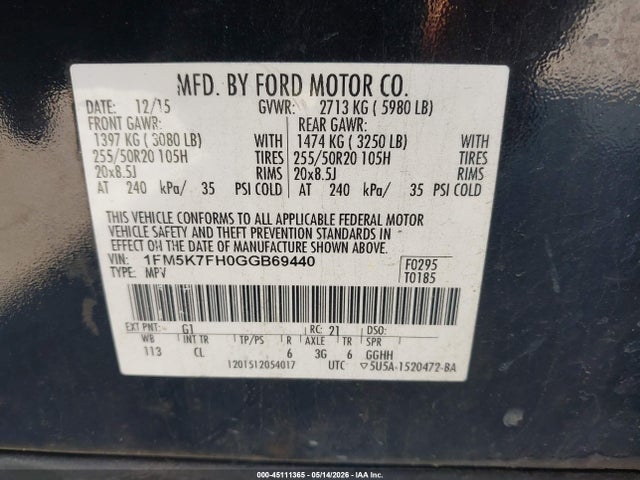 45111365 :رقم المزاد ، 1FM5K7FH0GGB69440 vin ، 2016 Ford Explorer Limited مزاد بيع