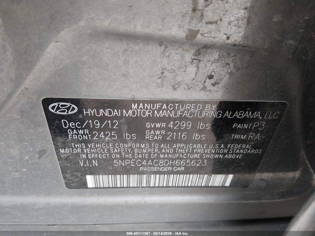 Aukcja sprzedaży 2013 Hyundai Sonata Limited, vin: 5NPEC4AC8DH665623, numer aukcji: 45111367