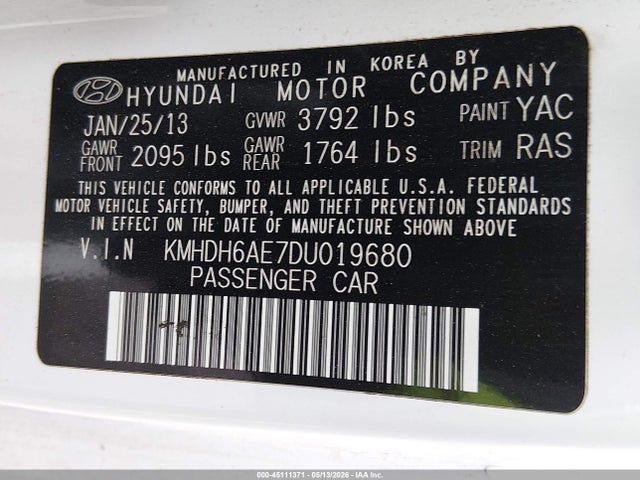 Aukcja sprzedaży 2013 Hyundai Elantra Gs, vin: KMHDH6AE7DU019680, numer aukcji: 45111371