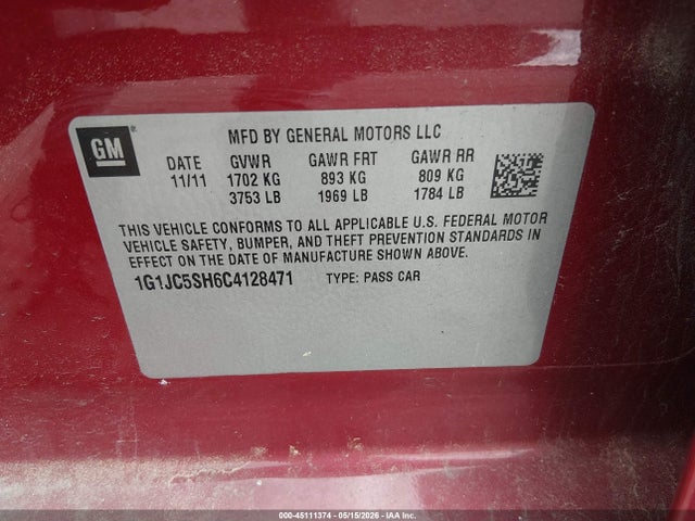 2012 Chevrolet Sonic 2lt მანქანა იყიდება აუქციონზე, vin: 1G1JC5SH6C4128471, აუქციონის ნომერი: 45111374