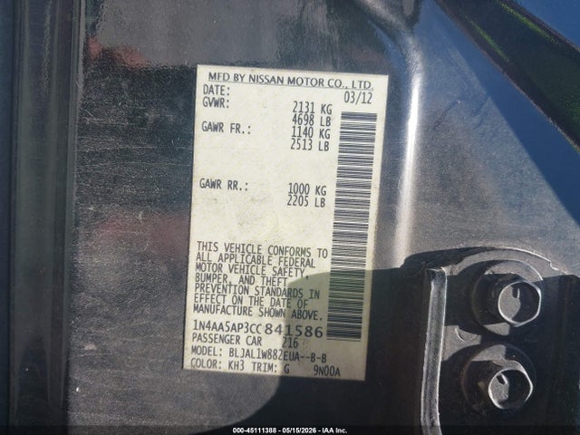 45111388 :رقم المزاد ، 1N4AA5AP3CC841586 vin ، 2012 Nissan Maxima 3.5 Sv مزاد بيع