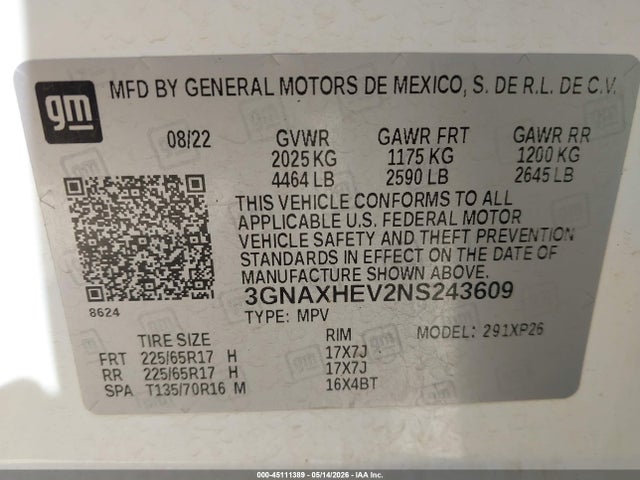 Продаж на аукціоні авто 2022 Chevrolet Equinox Fwd Ls, vin: 3GNAXHEV2NS243609, номер лоту: 45111389