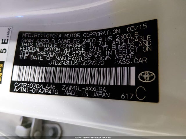 Aukcja sprzedaży 2015 Toyota Prius V Five, vin: JTDZN3EU6FJ029270, numer aukcji: 45111395