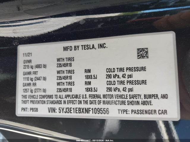 5YJ3E1EBXNF109556 Tesla Model 3 Long Range Dual Motor All-wheel Drive
