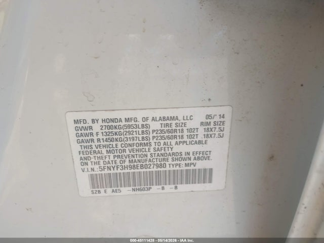 Продаж на аукціоні авто 2014 Honda Pilot Touring, vin: 5FNYF3H98EB027980, номер лоту: 45111428