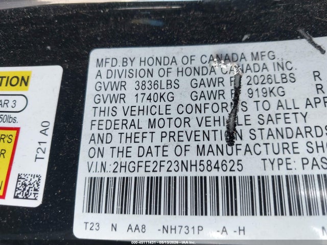45111431 :رقم المزاد ، 2HGFE2F23NH584625 vin ، 2022 Honda Civic Lx مزاد بيع
