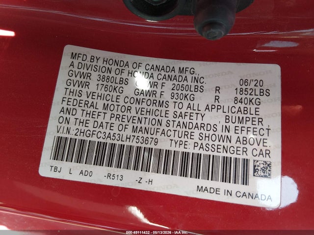 Продаж на аукціоні авто 2020 Honda Civic Si Coupe, vin: 2HGFC3A53LH753679, номер лоту: 45111432