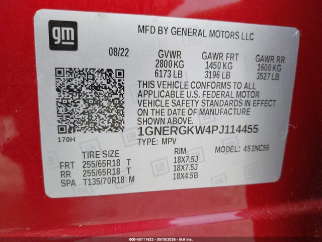 1GNERGKW4PJ114455 Chevrolet Traverse Fwd Lt Cloth