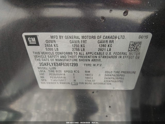 Aukcja sprzedaży 2015 Gmc Terrain Slt-2, vin: 2GKFLYE34F6361299, numer aukcji: 45111442
