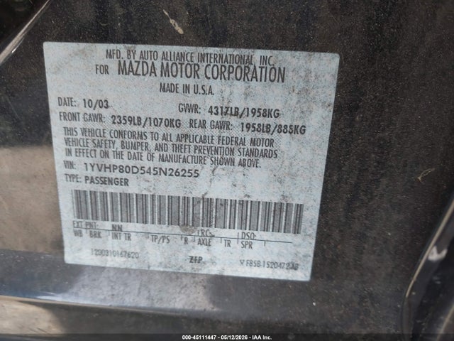 Aukcja sprzedaży 2004 Mazda Mazda6 S, vin: 1YVHP80D545N26255, numer aukcji: 45111447