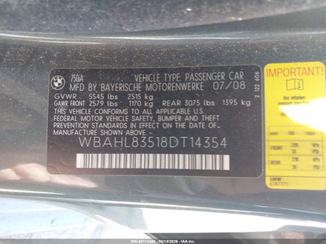 Aukcja sprzedaży 2008 Bmw 750i, vin: WBAHL83518DT14354, numer aukcji: 45111448
