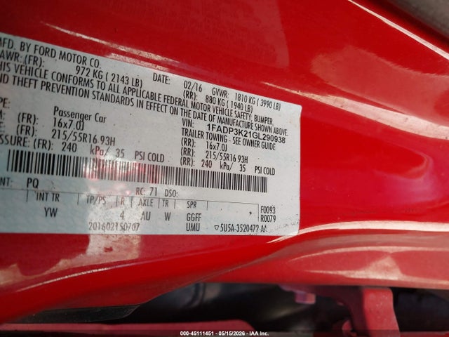 Aukcja sprzedaży 2016 Ford Focus Se, vin: 1FADP3K21GL290938, numer aukcji: 45111451