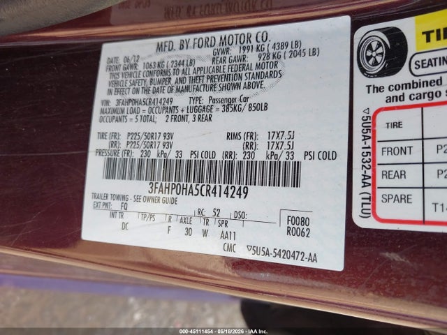 Aukcja sprzedaży 2012 Ford Fusion Se, vin: 3FAHP0HA5CR414249, numer aukcji: 45111454