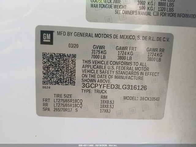 2020 Chevrolet Silverado 1500 მანქანა იყიდება აუქციონზე, vin: 3GCPYFED3LG316126, აუქციონის ნომერი: 45111465