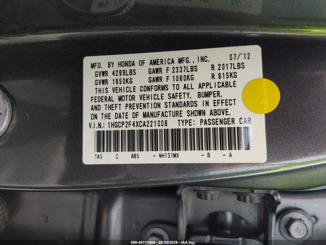 Продаж на аукціоні авто 2012 Honda Accord 2.4 Lx-p, vin: 1HGCP2F4XCA221006, номер лоту: 45111468